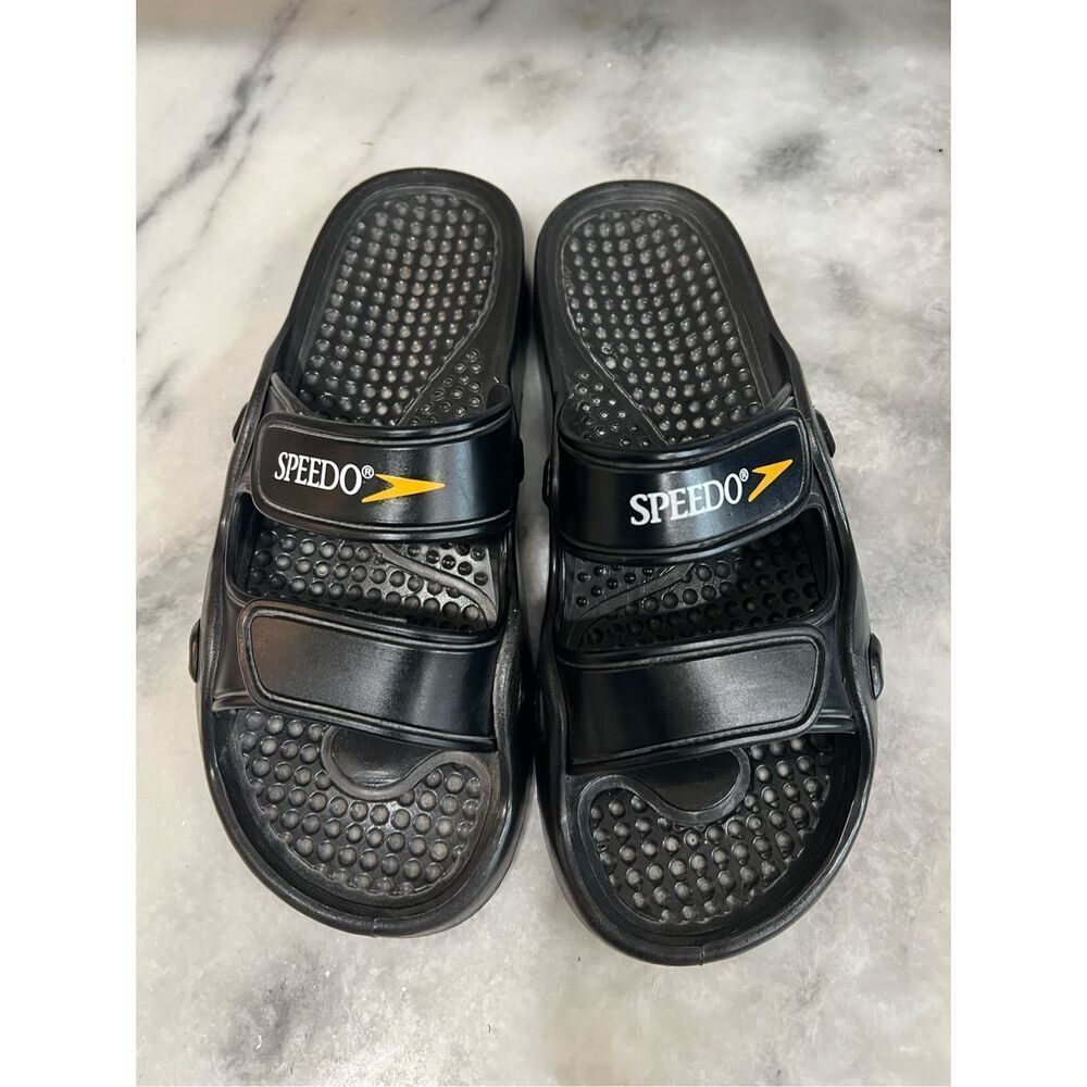 Speedo Water Swim Sandals Men Sz 11 Wms 13 Black 2 Strap Slides Yellow Logo